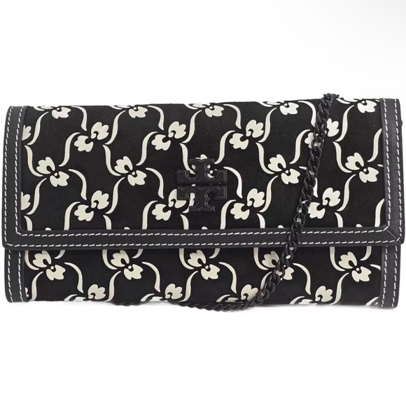 $498 NWT Tory Burch 139569 Juliette Floral Leather/Suede Chain Wallet purse